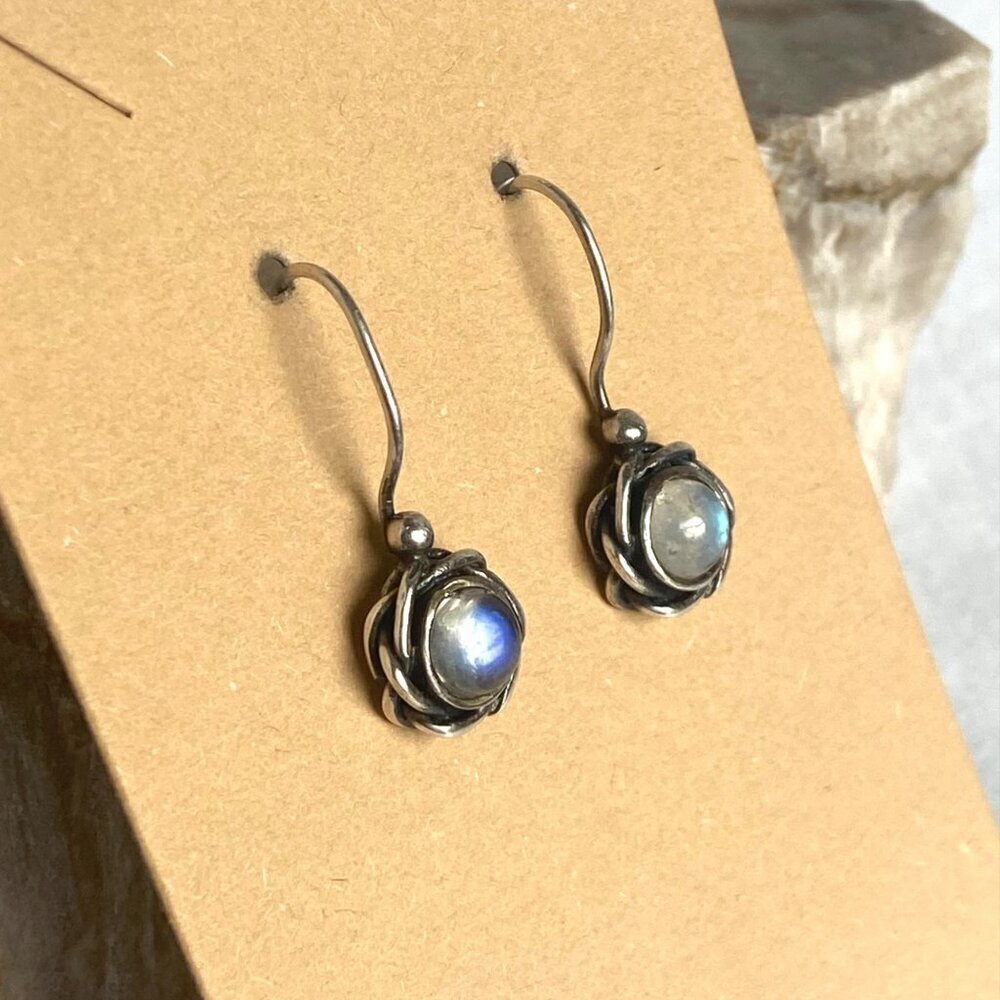 Sterling Silver 925 Round Floral Moonstone Drop Dangle Earrings - Picture 3 of 16